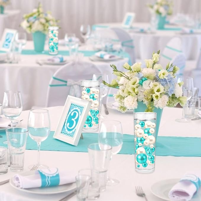 200PCS Teal White Faux Pearls Beads for Centerpiece Vases, Vase Filler Faux Pearls, No Holes Filler Beads for Party Anniversary Birthday Wedding Table Decor, 10/14/20/30mm