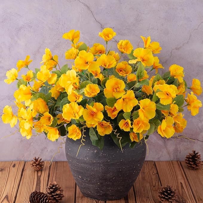Fall Flowers Fake Flowers for Outdoors Autumn Decoration, 6 Bundles Faux Silk Hibiscus Artificial Plants Realistic UV Resistant Tropical Flowers for Outside Planter Patio, Yellow