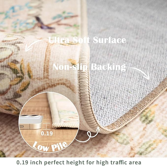 jinchan Botanical Birds 8x10 Beige Area Rugs for Living Room Washable Non Slip Soft Nature Plants Modern Carpet Vintage Ultra Thin Low Pile Indoor Rug for Bedroom Dining Room Nursery Playroom