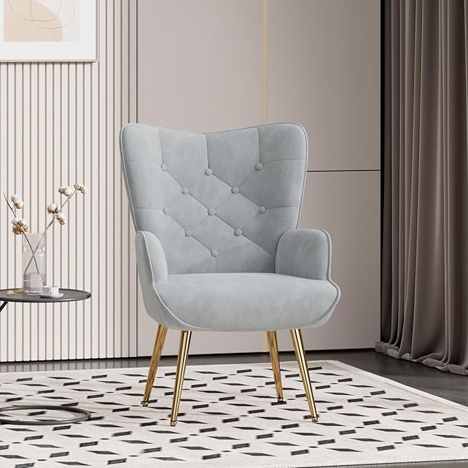 Nalupatio Mid Century Modern Velvet Accent Chair, Tufted Button High Back Chair, Upholstered Wingback Armchair with Metal Legs, High Back Side Chair for Living Room Bedroom, Grey