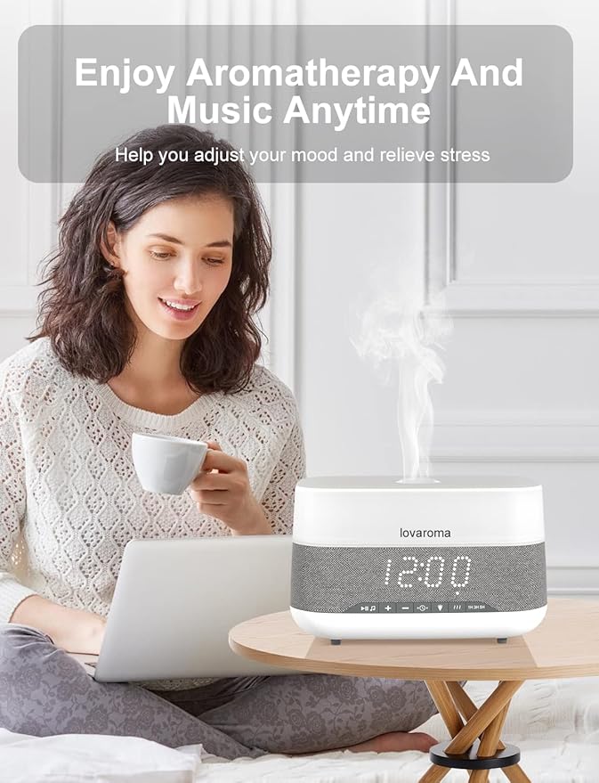 Versatile Essential Oil Diffuser, 300ml Aroma Diffuser with Bluetooth Speaker and Alarm Clock, 7 Colors LED Light Aromatherapy Diffusers & Cool Mist Humidifier 3-Level Brightness, Auto-Off Protection