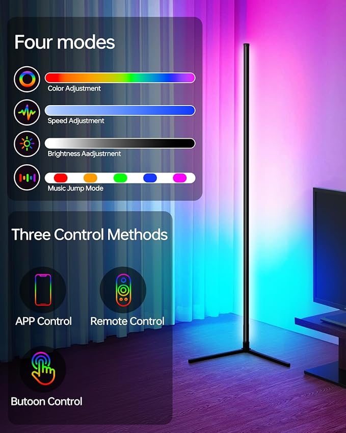 Smart RGB Corner Floor Lamp, APP & Voice Control, 16 Million Color Changing LED Light with Remote, Dimmable Ambient Lighting for Bedroom, Living Room, Game Room
