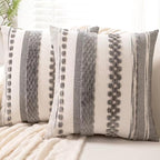 Boho Throw Pillow Covers 18x18 Set of 2 Farmhouse Decorative Cushion Case Striped Square Pillows Cover Chenille Pillow Cases Accent Neutral Pillowcase for Sofa Couch Bed,Gray