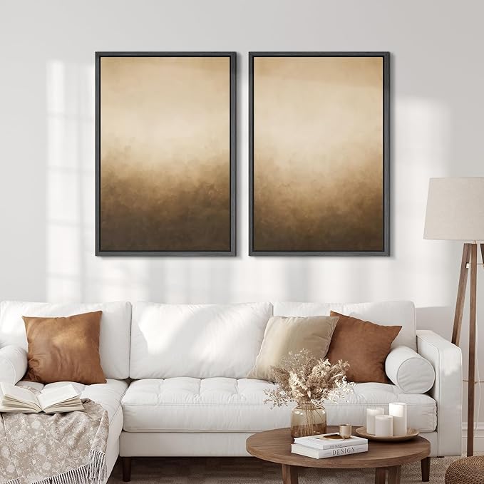 SIGNFORD Framed Canvas Print Wall Art Set Minimalist Gradient Brown Abstract Neutral Illustration Modern Art Decorative Nordic Nature for Living Room, Bedroom, Office - 24"x36"x2 Black