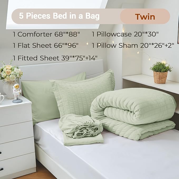 MUXHOMO 5 Pieces Twin Comforter Set, Seersucker Bed in a Bag Twin Size, All Season Luxury Bedding Set with Comforter, Flat Sheet, Fitted Sheet, Pillowcase & Sham, Light Green