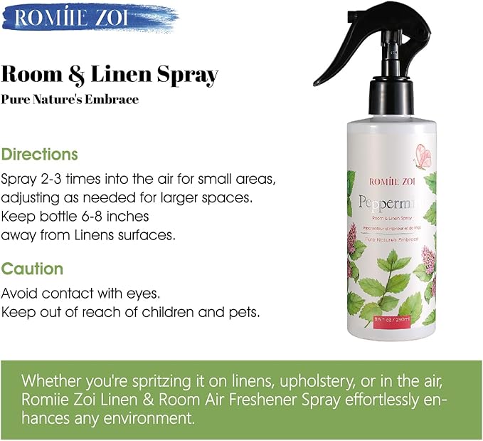 ROMIIE ZOI Room and Linen Spray Air Freshener Room Mist, with Natural Plant Extract - Peppermint Room Spray- 8.5 FL OZ.
