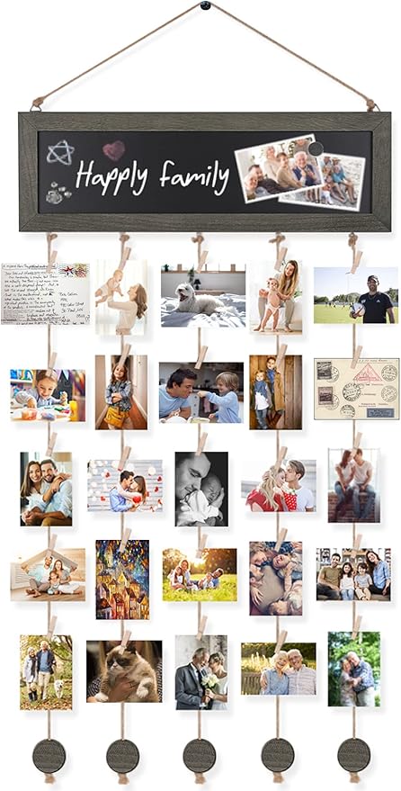 Bikoney Picture Frames Collage Photo Hanging Display Picture Board Wood Rustic Frames for Wall Decor with Blackboard and 30 Clips Weathered Grey