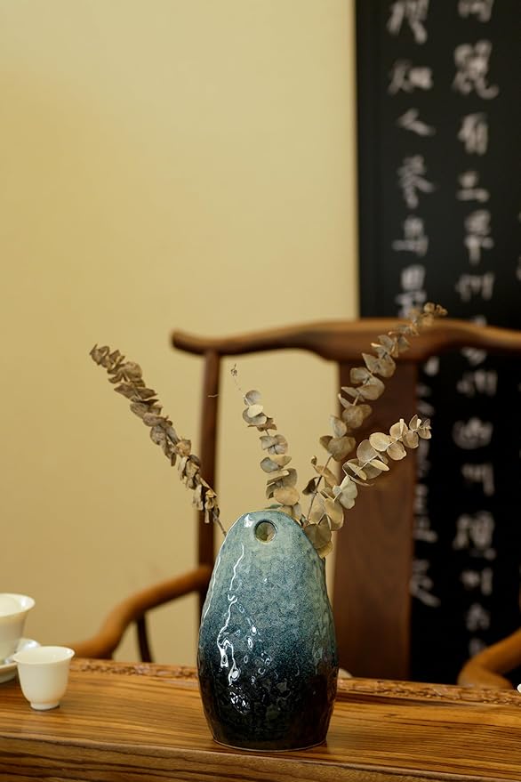 Rustic Pottery Ceramic Vase - Vintage Farmhouse Style Decor, White Grid Ceramic Vases for Home Decor, Modern Farmhouse Decor (Blue)