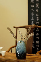 Rustic Pottery Ceramic Vase - Vintage Farmhouse Style Decor, White Grid Ceramic Vases for Home Decor, Modern Farmhouse Decor (Blue)