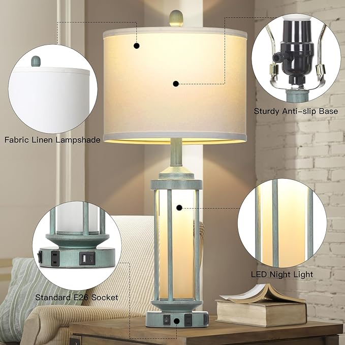 Farmhouse Table Lamps for Living Room, 27" Vintage Rustic Beside Lamp Set of 2 with USB A+C Charging Ports & AC Outlet, Retro Nightstand Lamp with Fabric Shade for Bedroom Entryway(4 Bulbs Included)