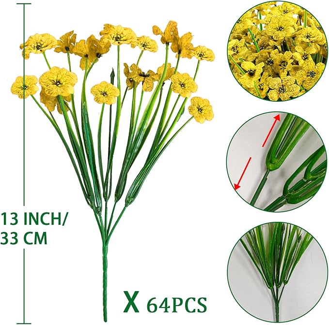 Krissing 48 Bundles Outdoor Artificial Flowers UV Resistant Fake Silk Flowers Faux Plastic Plants Outside Garden Porch Window Box Summer Decoration (Yellow)