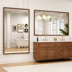 Rectangle Walnut Bathroom Mirror 60x36 Inch, Anti-Rust 4MM Tempered Glass, Modern Vanity Mirror for Bathroom, Horizontal or Vertical Wall Mount