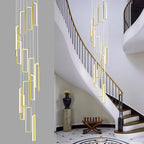 Modern Adjustable Height Pendant Light Fixture Gold 288W LED Pendant Lights 16 Rings Rectangular Chandelier Staircase Large Chandelier Lobby Living Room Foyer High Ceiling Chandeliers