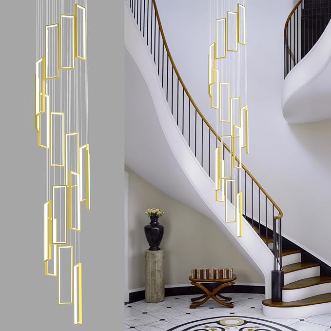 Modern Adjustable Height Pendant Light Fixture Gold 288W LED Pendant Lights 16 Rings Rectangular Chandelier Staircase Large Chandelier Lobby Living Room Foyer High Ceiling Chandeliers