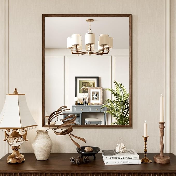 28x36 Inch Rectangle Walnut Bathroom Mirror, Anti-Rust 4MM Tempered Glass, Modern Vanity Mirror for Bathroom, Horizontal or Vertical Wall Mount