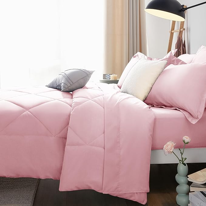 CozyLux Full Size Comforter Sets Pink - 7 Pieces Bed in a Bag Full, Luxury Soft Bed Set for All Seasons, Bedding Set with Down Alternative Comforter, Sheets, Pillowcases & Shams