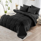 JOLLYVOGUE Queen Comforter Set, Ultra-Soft Bed in a Bag Queen Size 7 Pieces, Oeko-TEX Certified Bedding Set with Down Alternative Comforter, Sheets, Pillowcases & Shams, Black