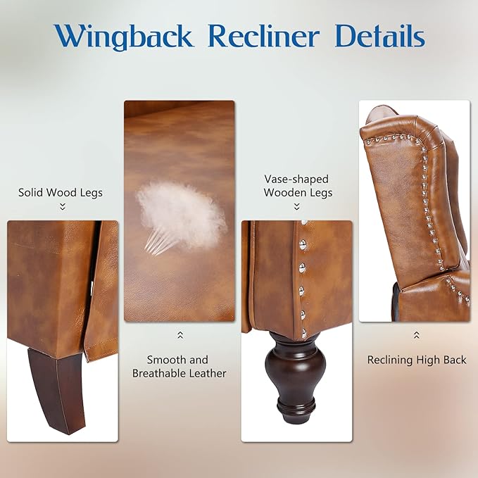 Wingback Recliner Chair with Massage and Heat Tufted PU Leather Push Back Recliner Chair for Living Room Vintage Wingback Chair with Remote Control, Padded Cushion, Backrest, Wooden Legs
