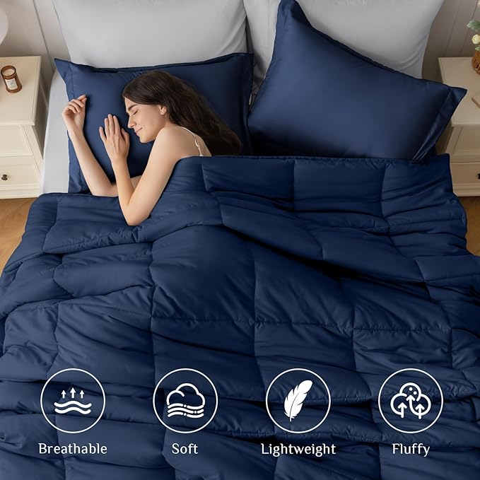 JOLLYVOGUE King Comforter Set, Ultra-Soft Bed in a Bag King Size 7 Pieces, Oeko-TEX Certified Bedding Set with Down Alternative Comforter, Sheets, Pillowcases & Shams, Navy Blue & Light Grey