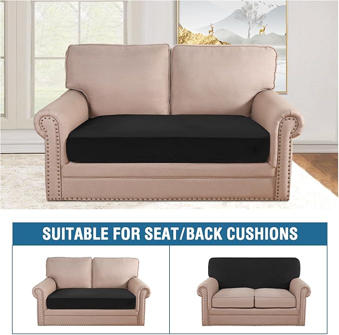 H.VERSAILTEX Velvet Stretch Individual Couch Cushion Cover Plush Slipcover for Loveseat Sofa Furniture Protector Seat Cover (1 Piece Loveseat Cushion Cover, Black)