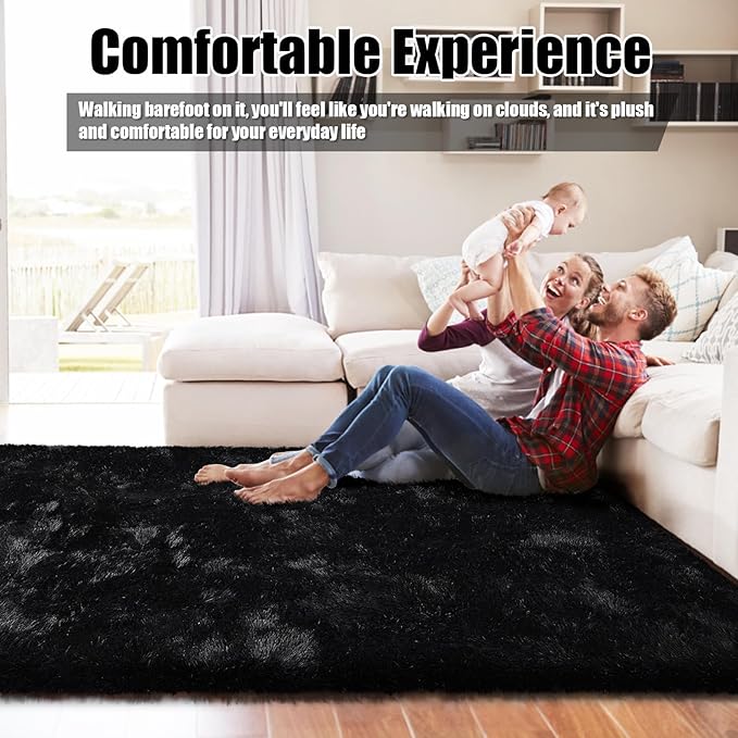 9x12 Fluffy Area Rugs for Living Room,Large Fuzzy Shag Area Rug for Bedroom,Black Soft Non-Shedding Indoor Plush Carpet for Kids Bedroom Nursery Home Decor