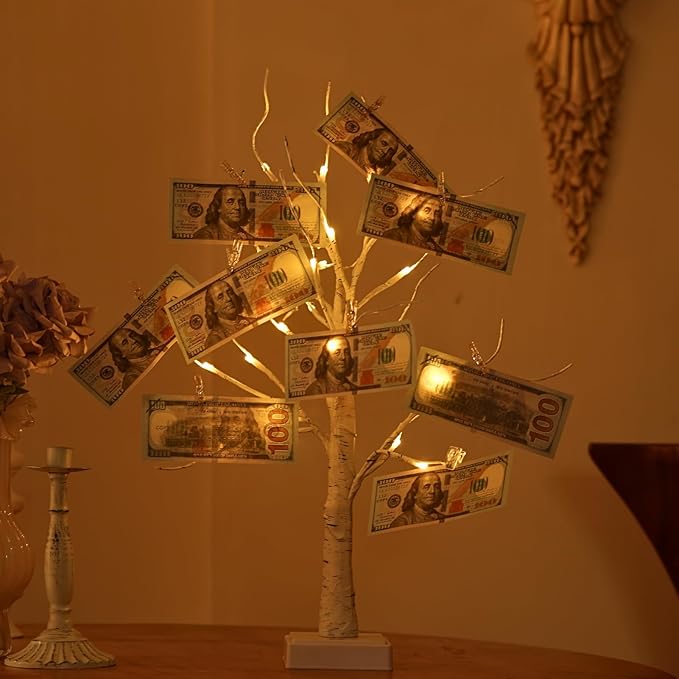 Money Tree Gift Card Holder 24 LED Birch Twig Treelights Battery/USB Powered Light Up Display Twig Gift Card Holder with 22 Clear Clips for Graduation Birthday Wedding Photo (Warm Color)