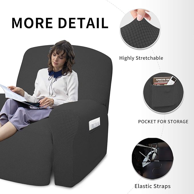 Easy-Going 4 Pieces Oversized Recliner Stretch Sofa Slipcover Sofa Cover Furniture Protector Couch Soft with Elastic Bottom Polyester Spandex Jacquard Fabric Small Checks Dark Gray,X-Large