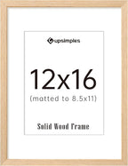 upsimples 12x16 Frame, Natural Solid Wood Picture Frames, Display 8.5x11 with Mat or 12 x 16 Without, Vertical & Horizontal Wall Hanging, 1 Pack, Natural