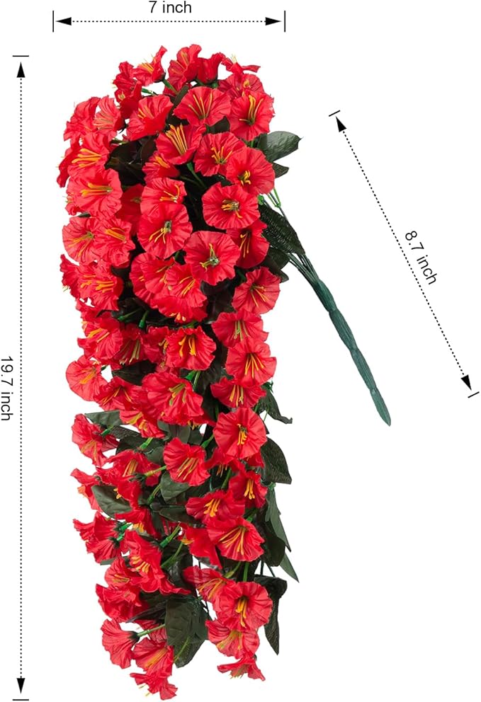 Artificial Fake Hanging Flowers Plants for Outdoor Outside Decoration, 2PCS Faux Silk UV Resistant Look Real Red Morning Glory Trailing Vines for Home Planter Wedding Party Garden Patio Porch