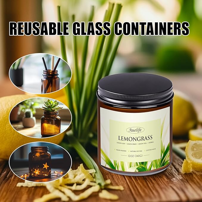 Auelife Lemongrass Scented Candle | 3-Wick Jar Candle - 12oz Natural Soy Wax - Citronella Scent for Indoor Outdoor Use, Long Lasting Aromatherapy Gifts for Fathers Day, Summer, 50+ Hour Burn