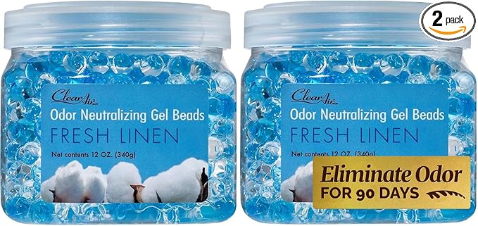 Clear Air Odor Eliminator Gel Beads - 12 oz, Pack of 2 - Air Freshener Made with Essential Oils - Eliminates Odors in Bathrooms, Cars, Boats, RVs & Pet Areas - Fresh Linen Scent