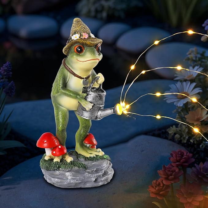 Solar Frog Statue for Garden with Watering Can Light 8.8" Resin Frog Figurine Outdoor Patio Porch Yard Decor Unique Birthday Housewarming Gifts for Women Mom Grandma Wife Sister