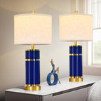 Royal Blue & Gold Ceramic Table Lamps (Set of 2) - 28" Luxe Bedside Lights with USB Charging & Rotary Switch, Bulbs Included