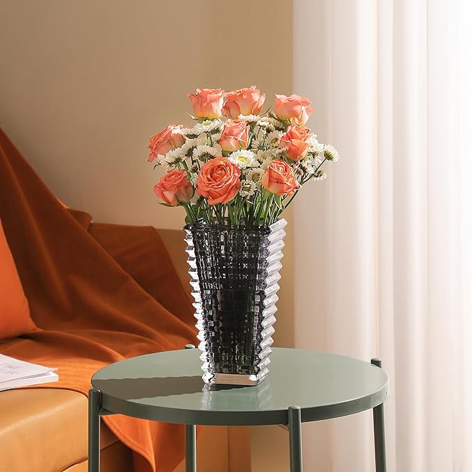 MCMCNCUIU Crystal Vase, Large Crystal Vases for Flowers, Black Large Flower Vase, Modern Glass Vases for Living Room, Bedroom, Kitchen, Dining Table, Mantle, Wedding, 9 Inches