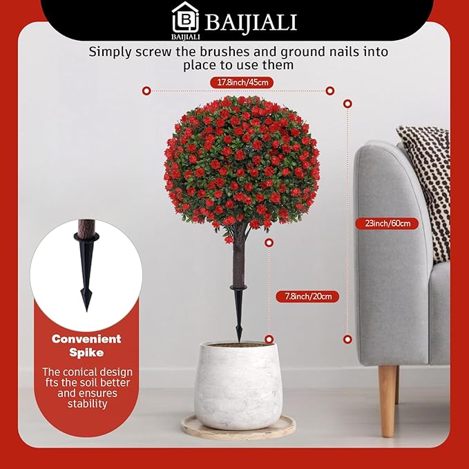 BAIJIALI Artificial Trees,2 Set of 16'' UV Resistant Fake Evergreen Shrubs Bushes Plants (Red Rose, 2 Packs)