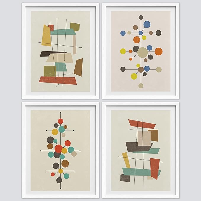 SIGNWIN Framed Mid-Century Modern 1960s Vintage Nordic Polygons Wall Art, Set of 4 Abstract Geometric Wall Decor Prints, Nature Wilderness Wall Décor for Living Room, Bedroom - 8"x10" White