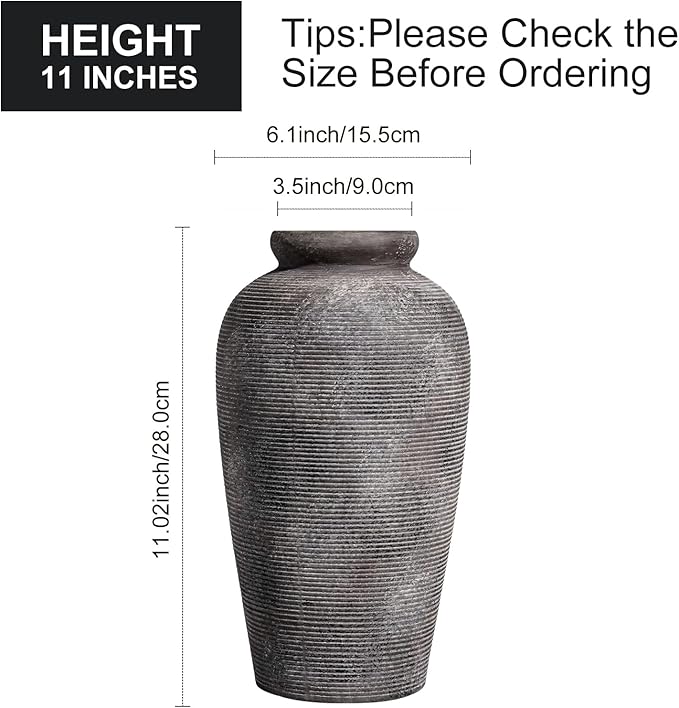 Large Rustic Terracotta Vase, 11 inch Tall Ceramic Flower Vase, Clay Farmhouse Decorative Vases for Flowers, Living Room, Shelf, Entryway, Home Decor, Grey