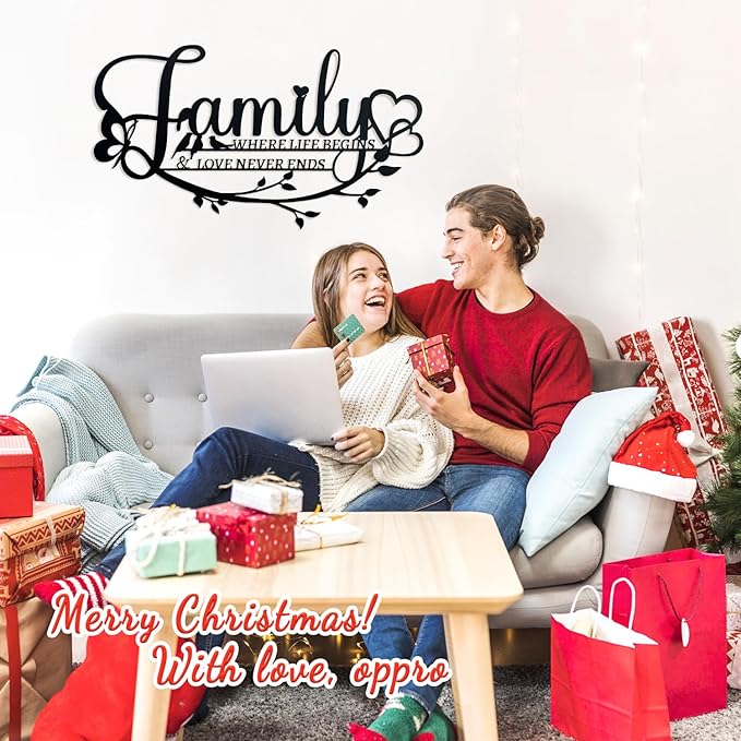 Family Sign Black Metal Wall Art Decor, Oppro Family Where Life Begins Love Never Ends Wrought Iron Wall Decorations, Hanging Plaque Letters Signs Home Decor for Living Room Bedroom Dining Room Kitchen Mother's Day Father's Day