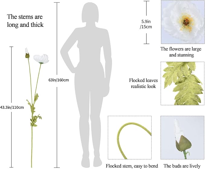 IPOPU 43.3" White Poppy Flowers Artificial Flowers 6pcs Fake Silk Poppies Long Stem Artificial Flowers for Tall Vase for Wedding Party Home Decor(Wihte)