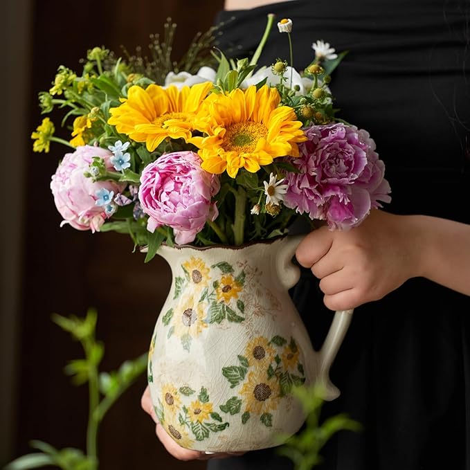 Levvohd Vintage Vase with Handle, 6 Inch Ceramic Pitcher Sunflower Floral Vases Decorative for Grandma Home Decor, Living Room Bookshelf Office Tuscan Decor (Small)