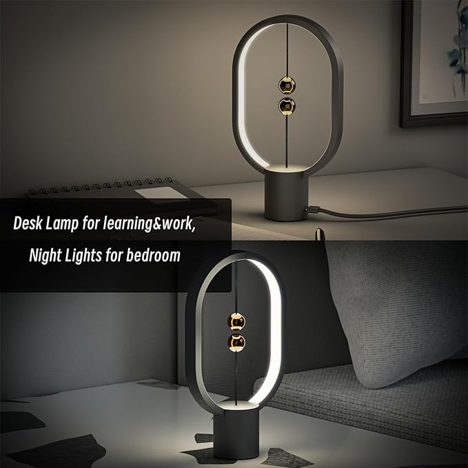 Small Table Lamp - Mini Balance Bedside Nightstand Plug in Night Light for Home, Office, College Dorm (Black)