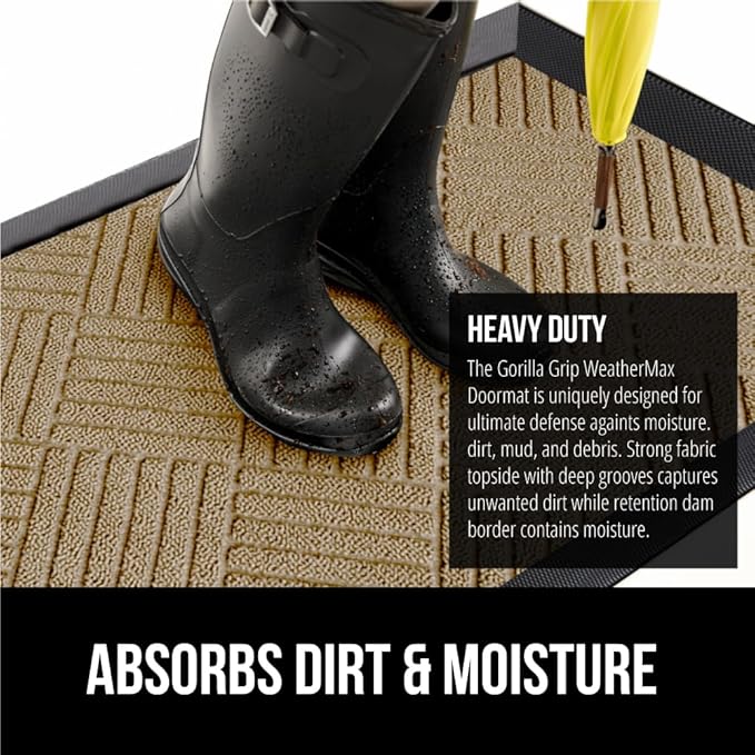 GORILLA GRIP 100% Waterproof All-Season WeatherMax Doormat US Designed Natural Rubber, Stain and Fade Resistant, Low Profile Indoor Outdoor Door Mats, Easy Clean Patio Mat, 17x29, Beige Diamond