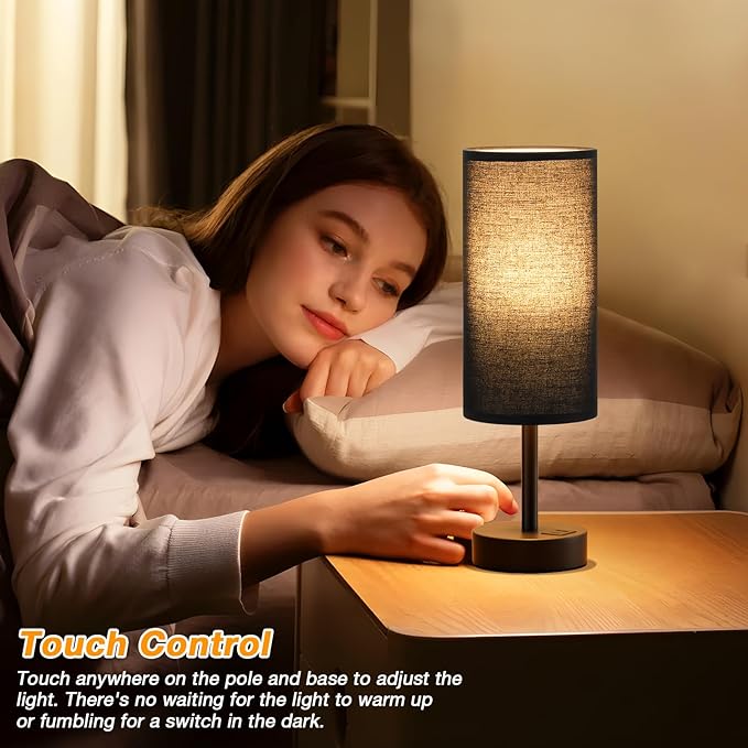Black Touch Bedroom Lamp with USB - 3 Way Dimmable Table Lamp for Bedroom, Nightstand Lamp with Black Charging Station for Desk Dorm, Office, Boy Kids Room, Small