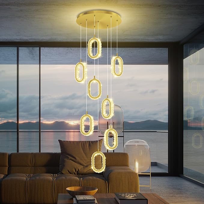 Gold 8 Rings Crystal Chandelier for Foyer Stairwell High Ceiling Chandelier Dimmable Oval Crystal Ring Pendant Light