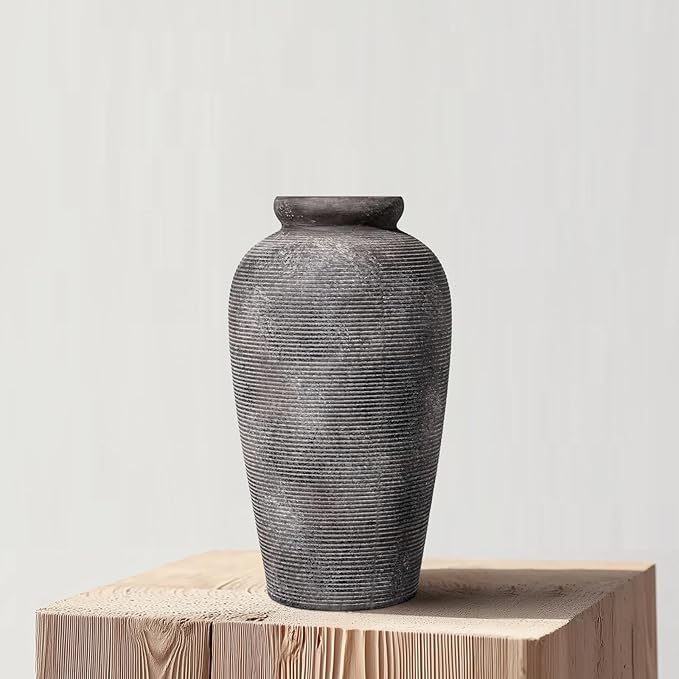 Large Rustic Terracotta Vase, 11 inch Tall Ceramic Flower Vase, Clay Farmhouse Decorative Vases for Flowers, Living Room, Shelf, Entryway, Home Decor, Grey