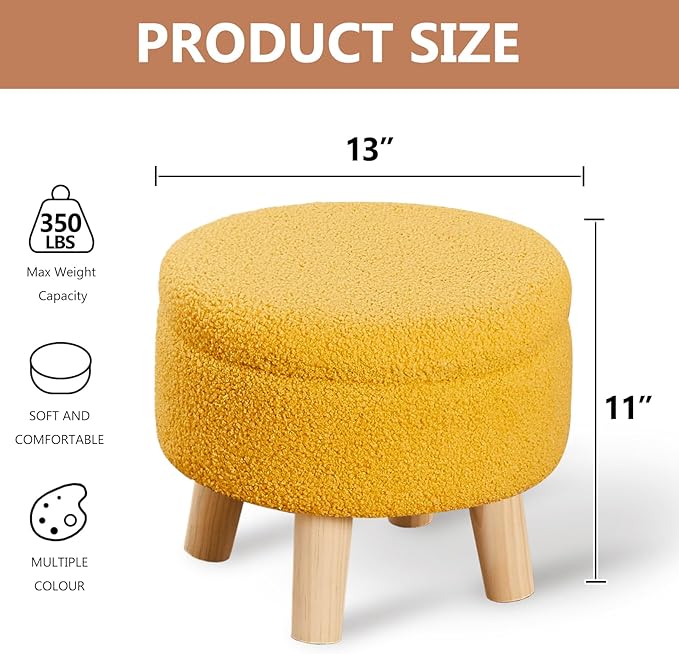 Wimarsbon Storage Ottoman, Modern Round Footrest with Soft Padded Seat, Teddy Velvet Footstool with Wood Legs, Accent Small Table or Plant Stand for Hallway, Living Room (Brilliant Yellow)