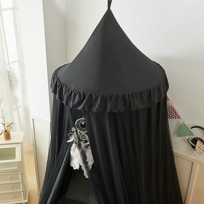 Bed Canopy for Girls,Princess Round Dome Dreamy Mosquito Net Bedding Girls Room Castle Play Tent Hanging House Decor Reading Nook Canopies (Black/Black)