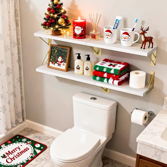 BAYKA Wall Shelves for Bedroom Decor, Floating Wall Shelves for Living Room Kitchen Storage, Wall Mounted Rustic Wood Shelves for Kids Books, Corner Shelf for Bathroom(White and Gold，Set of 4)