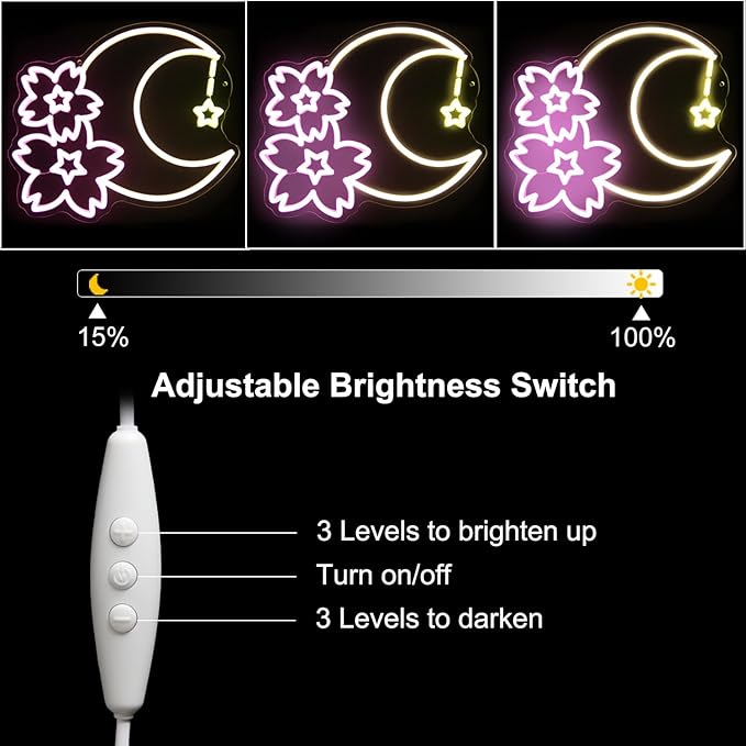 Sakura Moon Star Neon Signs for Wall Decor Cherry Blossom Neon Light Dimmable Flower Aesthetic Wall Art LED Sign for Bedroom Living Room Dorm Decoration Girls Gifts