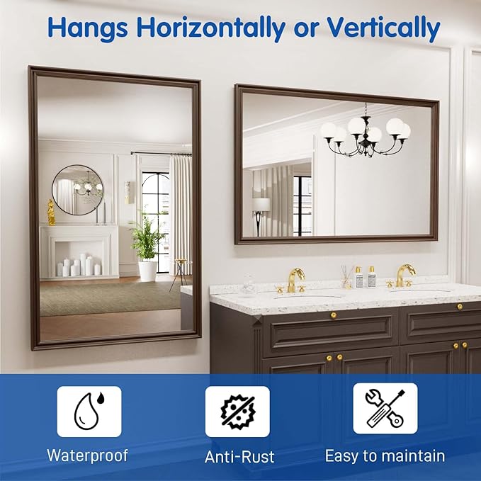 WEER Retro Copper Bathroom Mirror, 48x30 Inch Bronze Oil Rubbed Framed Mirror, Rectangle Classic Vintage Framed Wall Mirror, Farmhouse Vanity Mirror, Tempered Glass, Vertically or Horizontally